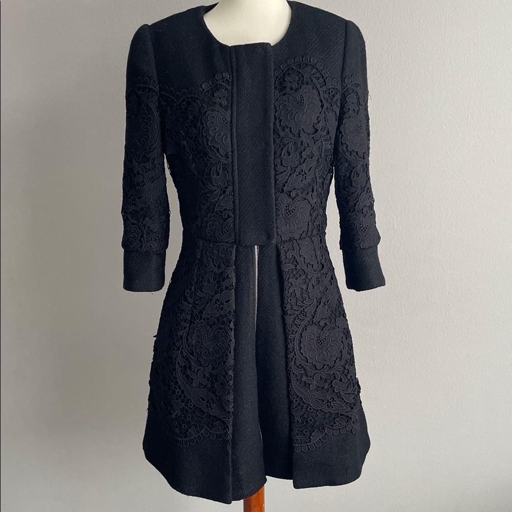 J&J Chic Black Wool Lace Women's Pea Coat 3/4 Sleeve XS EU36 Warm Winter